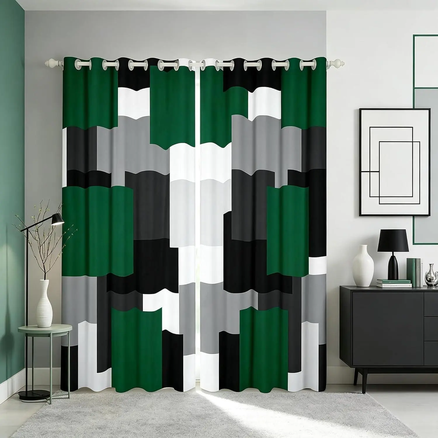 Geometric Curtains Bedroom Living Room Deep Green Black Gray Blackout Shades Plaid Buffalo Check Room Darkening Curtain Modern Art Window Treatments,2 Panels Decor