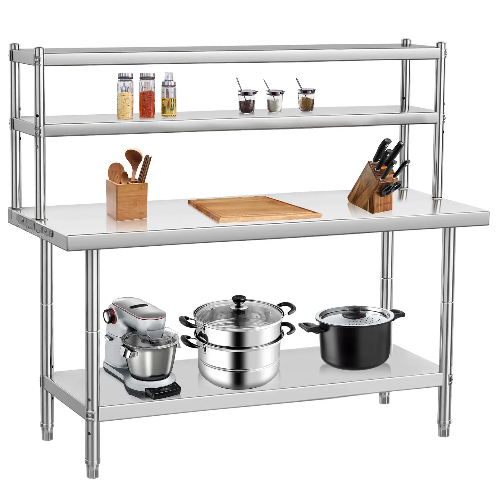 GARVEE Stainless Steel Table with Overshelves, 48" X 24" Commercial Work Table with 48" X 12" Shelf, Metal Kitchen Prep Table & Shelving Combo
