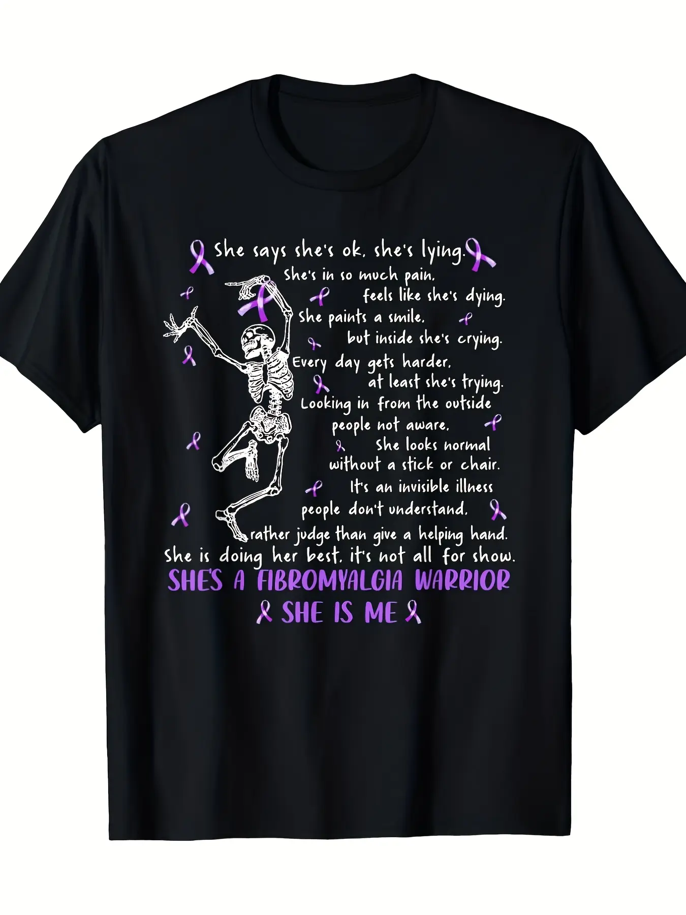 Fibromyalgia Warrior Skeleton Graphic Tee| Breathable & Wrinkle-Resistant, Purple Ribbon Detail, Round Neck, Short Sleeve, Black Casual Shirt for Men, Plus-size, Suitable for Family Gatherings, Plus Size