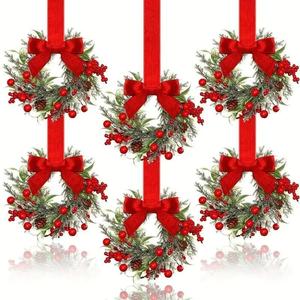 6-Pack christmas Mini window Wreaths withRibbon Bows & Red Berries -Small CabinetHangers, Farmhouse Style Kitchen Door Decor forChristmas Party Arrangements