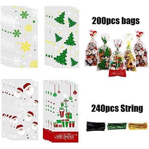 200 Pcs Christmas Cellophane Treat Bags, Xmas Clear Cello Gift Bags Candy Goodies Bags with Twist Ties for Christmas Party Supplies