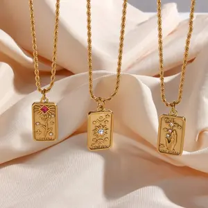 Tarot Card 3D Embossed Pendant with Rhinestone Accents Eight Pointed Star Design Unique Floral Sun God Necklace Jewelry