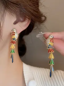 Elegant Long Colorful Parrot Earrings, 14k Gold Plated 925 Silver Needle, Pair of Stylish Bird Design Ear Studs for Women, Dangle Earrings