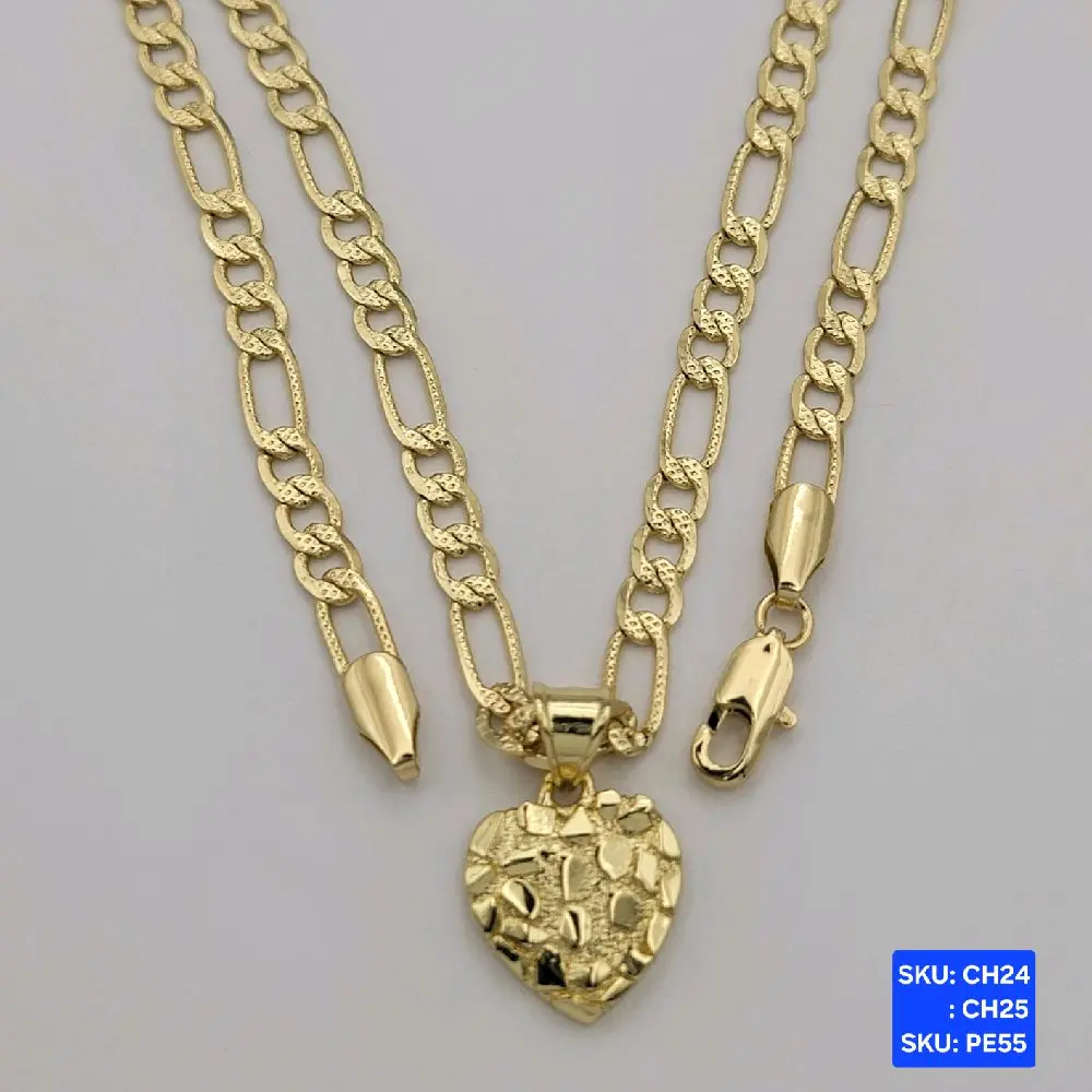 Nugget Heart Pendant Gold Plated,  Chain Figaro link Style Select size 24 & 18 inches 4.5mm wide Gold Plated, SKU: CH24, CH25 SKU: PE55
