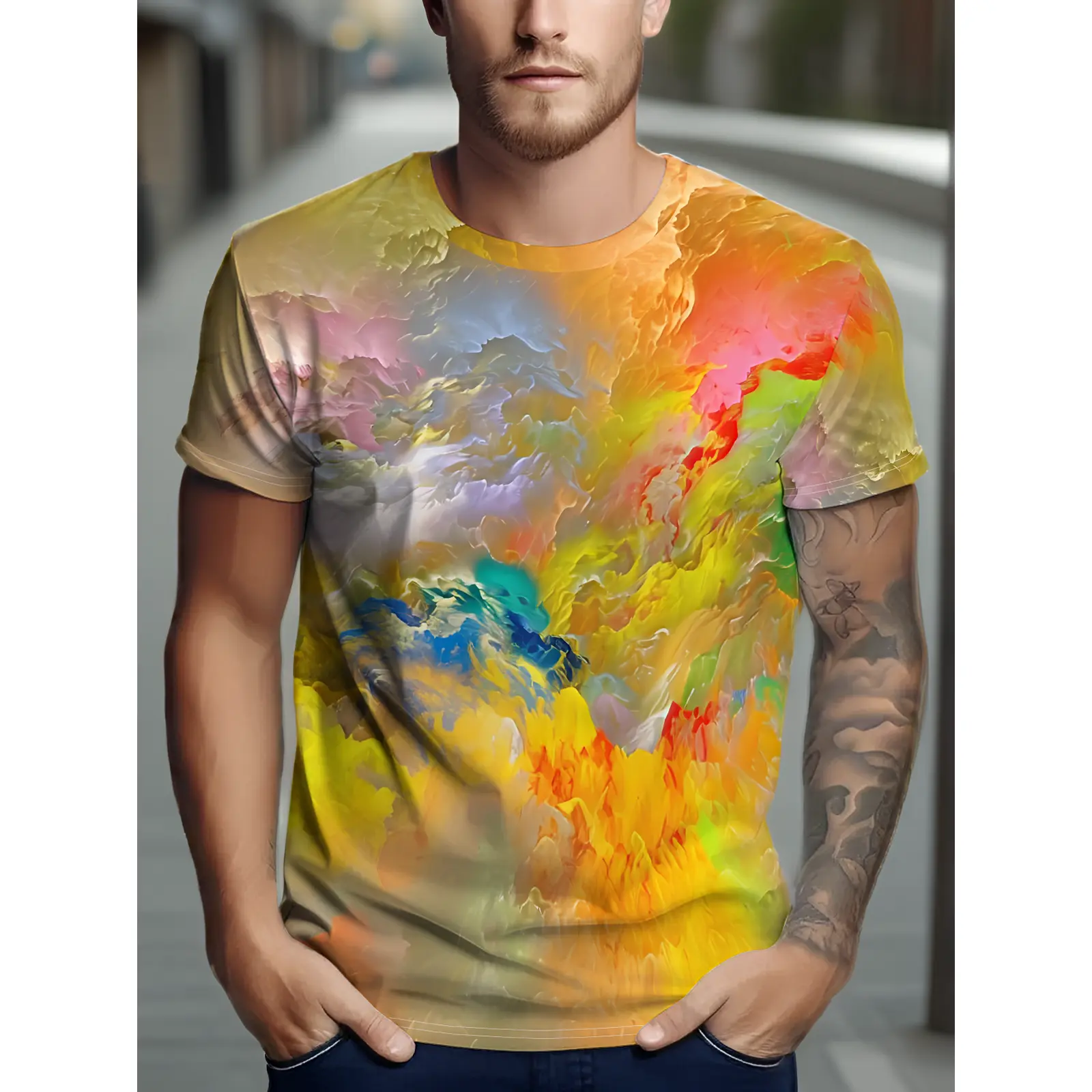 Colorful Short-sleeve T-shirt Featuring an All-over Abstract Ink-splatter Style Print