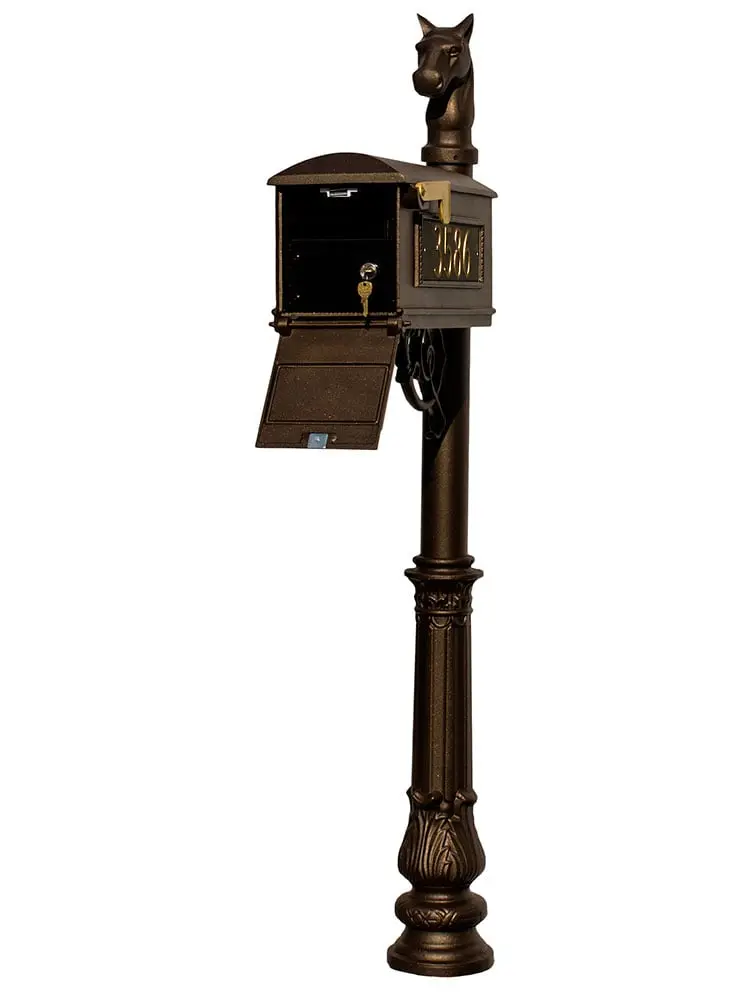 Bronze Lewiston LMC-LKIT-701-BZ Locking Mailbox Lock Insert Post System, Ornate Base, Horsehead Finial, 3 Cast Plates
