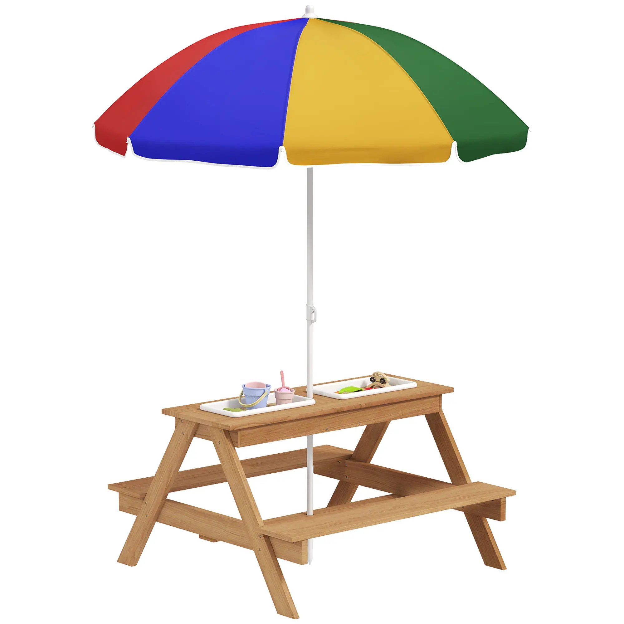 Wooden Outdoor Kids Picnic & Sensory Table, Mixed Color Toddler Activity Station with 2 Built-In Sensory Bins (Sand/Water), 47-61in Adjustable Sun Protection Umbrella, 32"l x 31.5"w x 19.3"h, Assembly Required Garden Patio Furniture, Gardens, Seats Four