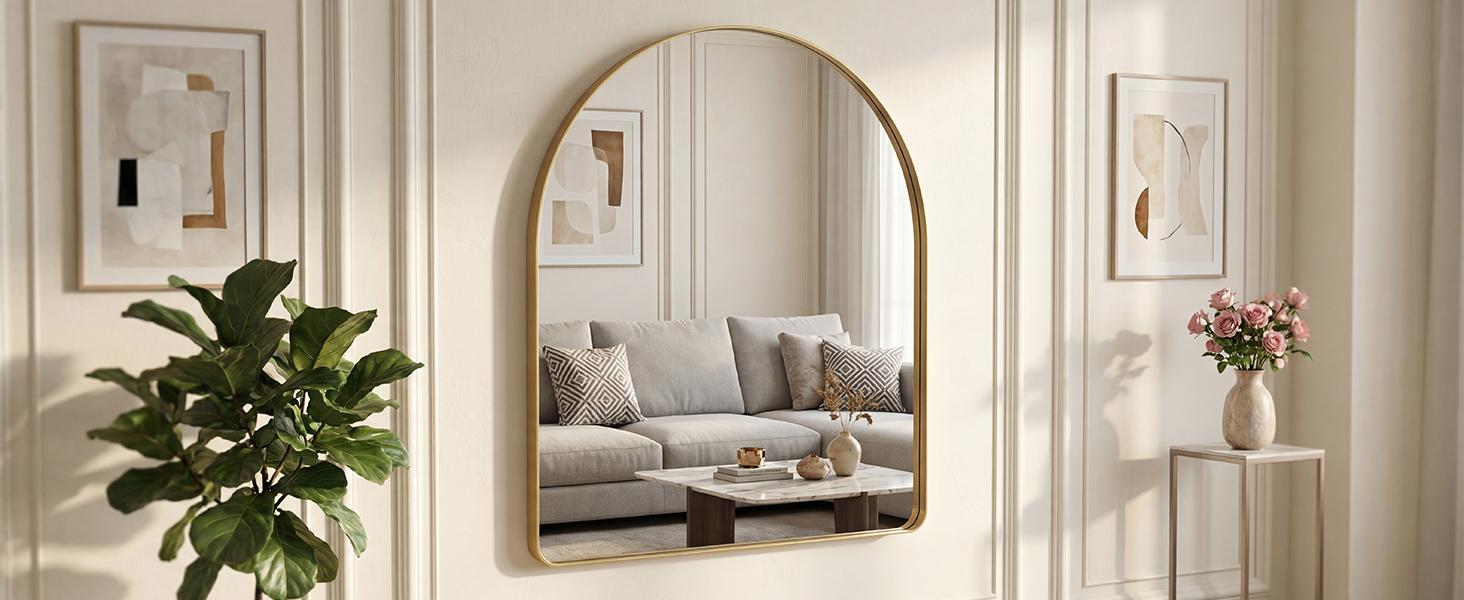 Luxury Arched Bathroom Mirror - Arch Wall Mirror with Shatterproof Tempered Glass and Metal Deep Frame, Hanging or Leaning for Living Room, Dresser, Entrance and Hallway