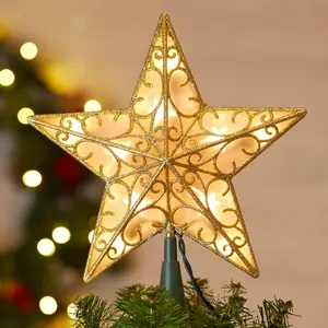 Christmas Star Tree Topper 9.5 in Plug in Golden Glittered 3D Metal Hollow Design with 10 Bulbs String Lights for Indoor Office Holiday Decoration