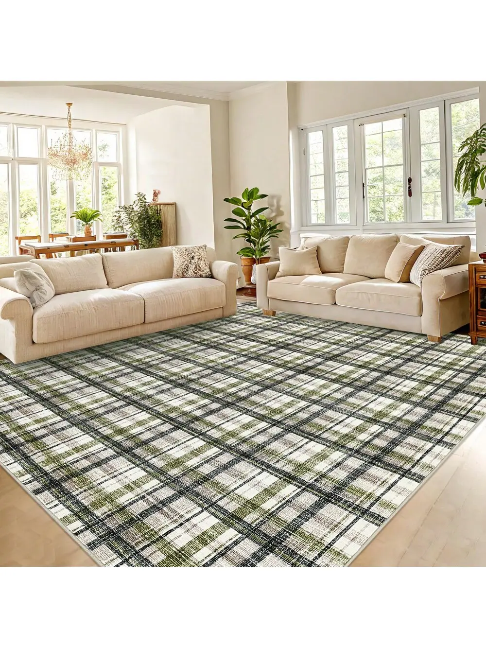 Home Decorative Rug - 2x6 ft Modern Green Tartan Plaid Low Pile Ultra Thin Foldable Indoor Carpet, Machine Washable, Non-Slip, Non-Shedding, Stain Resistant, Pet-Friendly for Bedroom, Living Room