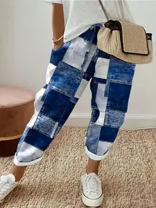 【Plus Size】 Colorblock Patchwork Print Drawstring Waist Pants, Casual Fashion Comfy Pocket Trousers for Daily Wear, Women's Bottoms for Summer