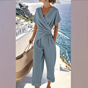 Women's Basic Casual Plus Size Solid Color Irregular Short-Sleeve Clothing Set, Summer New Womenswear for Independent Station AliExpress