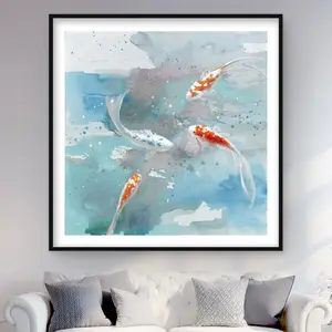 212 MAIN Framed Koi Fish Asian Art Print - 48x48 in., Vivid Colors Artistic Photo, Bathroom Wall Decoration, Home Artwork
