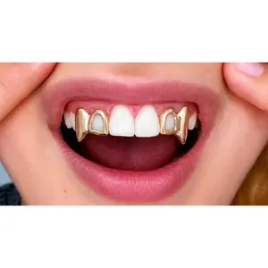 14K Gold Plated Open Face Upper Left & Right Double Fang Grillz 2pc Set