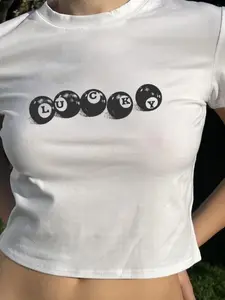 Women’s Lucky Letter Print Baby Tee | Round Neck Crop T-Shirt | Casual Short Sleeve Summer Top