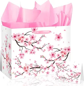 Large Cherry Blossom Gift Bag with Tissue Paper and Card Sakura Pink Gift Bags Floral Wrapping Paper Flower Cherry Blossom Party Decorations