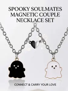 2Pcs Lovely Magnetic Love Heart Ghost Pendant Necklace Set Charms Necklace for Women Men Best Friend Enamel Mutual Attract Magnet Couple Matching Necklace Halloween Jewelry Birthday Gift