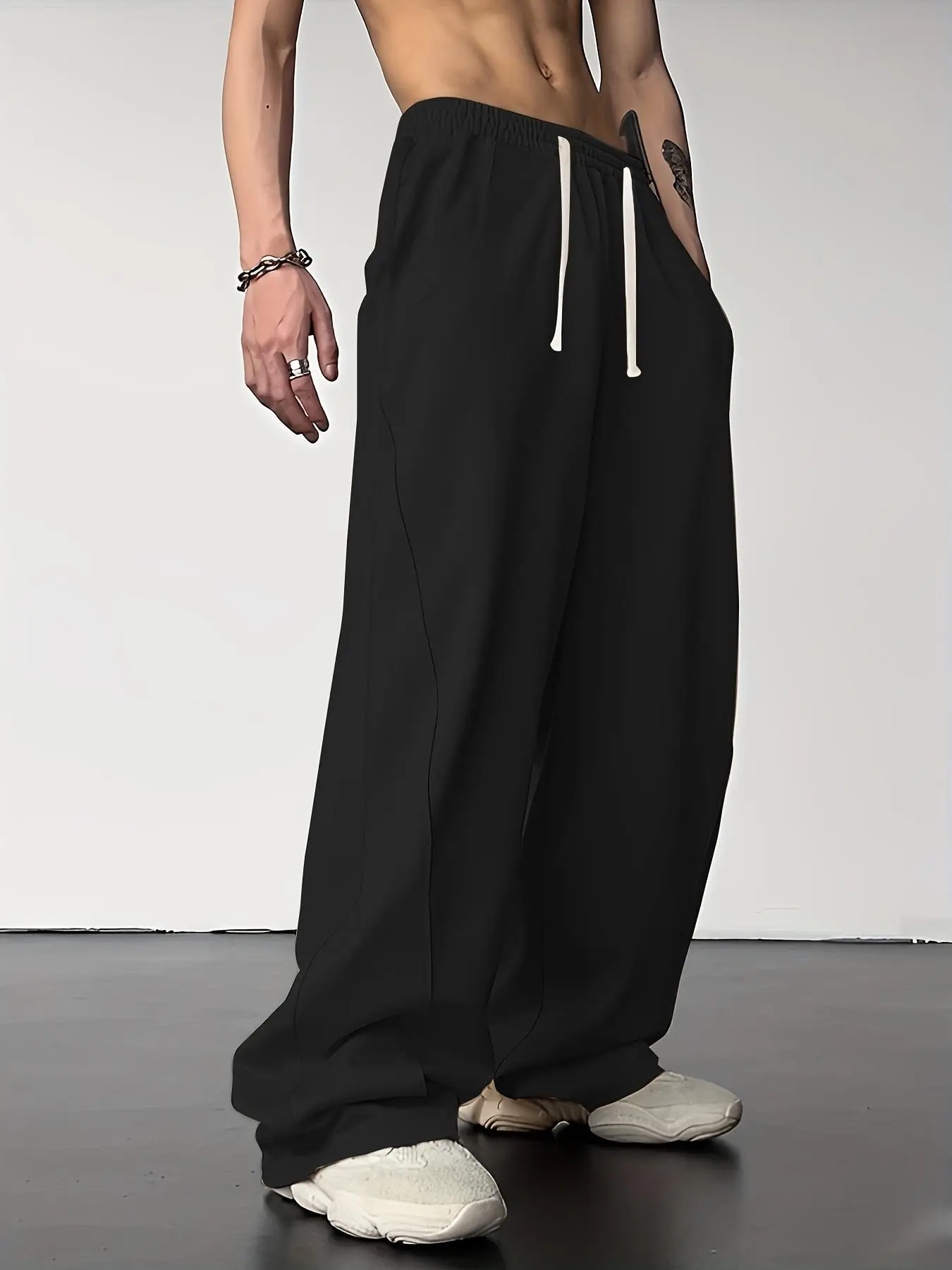 Men's Solid Pocket Drawstring Waist Wide Leg Sweatpants, Street Fashion Casual Loose Pants for Daily Wear, Pants for Men, Men's Fall & Winter Trousers