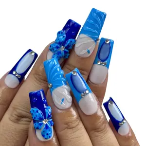 Gel X Nails Kit Long-Lasting Acrylic Press On Nails with 3D Gel & Nail Charms Ocean Blue Glitter Designs Handmade Salon-Worthy Manicure #NailTok PressOnNails Solid