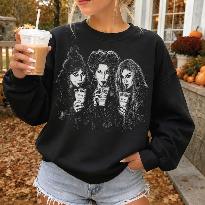 Vintage Hocus Pocus Iced Coffee Sweatshirt, Halloween Lover Hoodie, Sanderson Sisters Shirt, Retro Halloween Graphic T-shirt