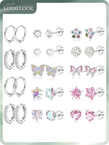 LOYALLOOK 14 Pairs Hypoallergenic Earrings for Girls Women Surgical Steel Screw Back Earring for Sensitive Ears Cute Flower Butterfly Heart CZ Flat Back Earrings Girls Kids Jewelry Gift age Over 4 years old