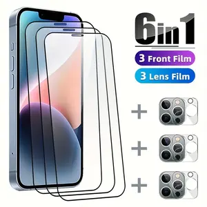 6in1 Protective Film Phone Screen Protector for iPhone 16 15 14 13 16E Pro Max Plus 3 HD, clear, 9H hardness toughened glass film, full-coverage screen protective film and 3 camera protective covers. Smartphone Cellphone