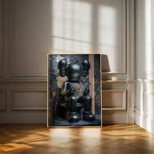 Black Kaws on Toilet, Funny Hypebeast Design, Minimalist Kaws Graffiti Print, Modern Luxury Decor, Bathroom Wall Art