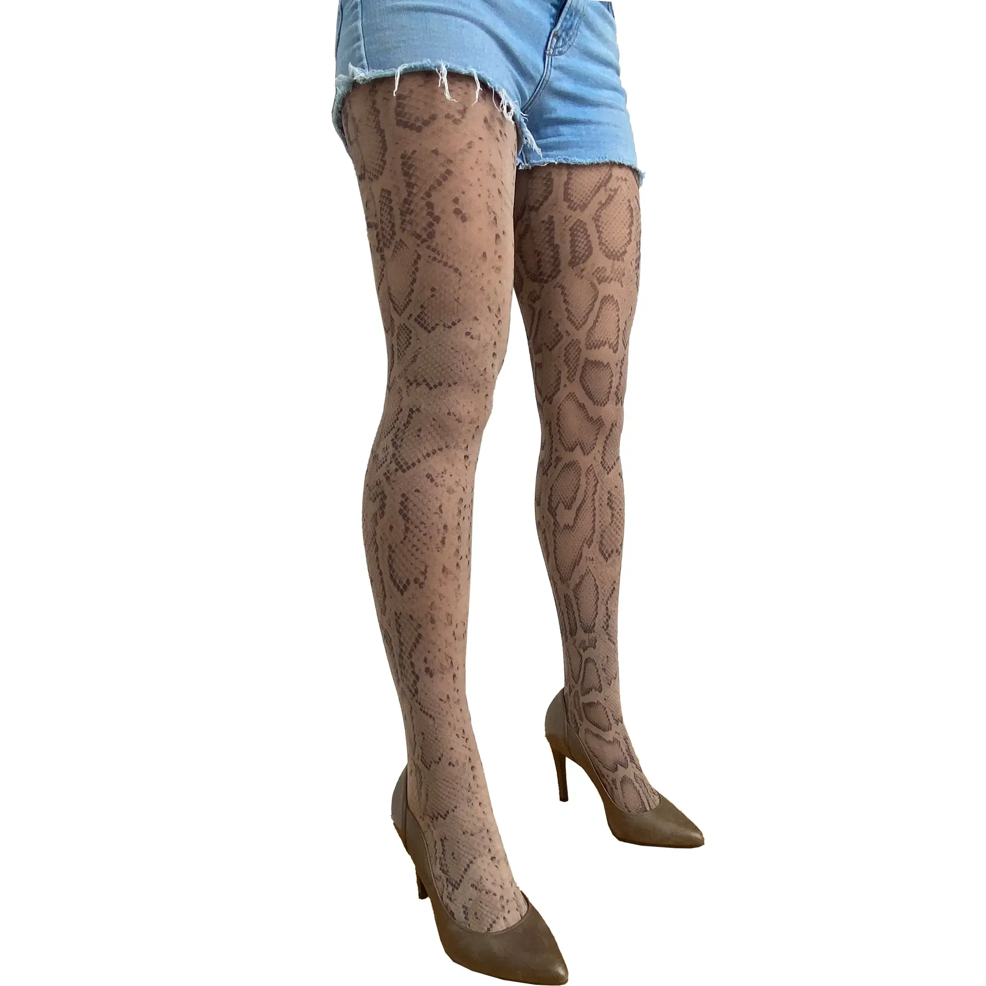 Beige Snake Patterned Tights For Women