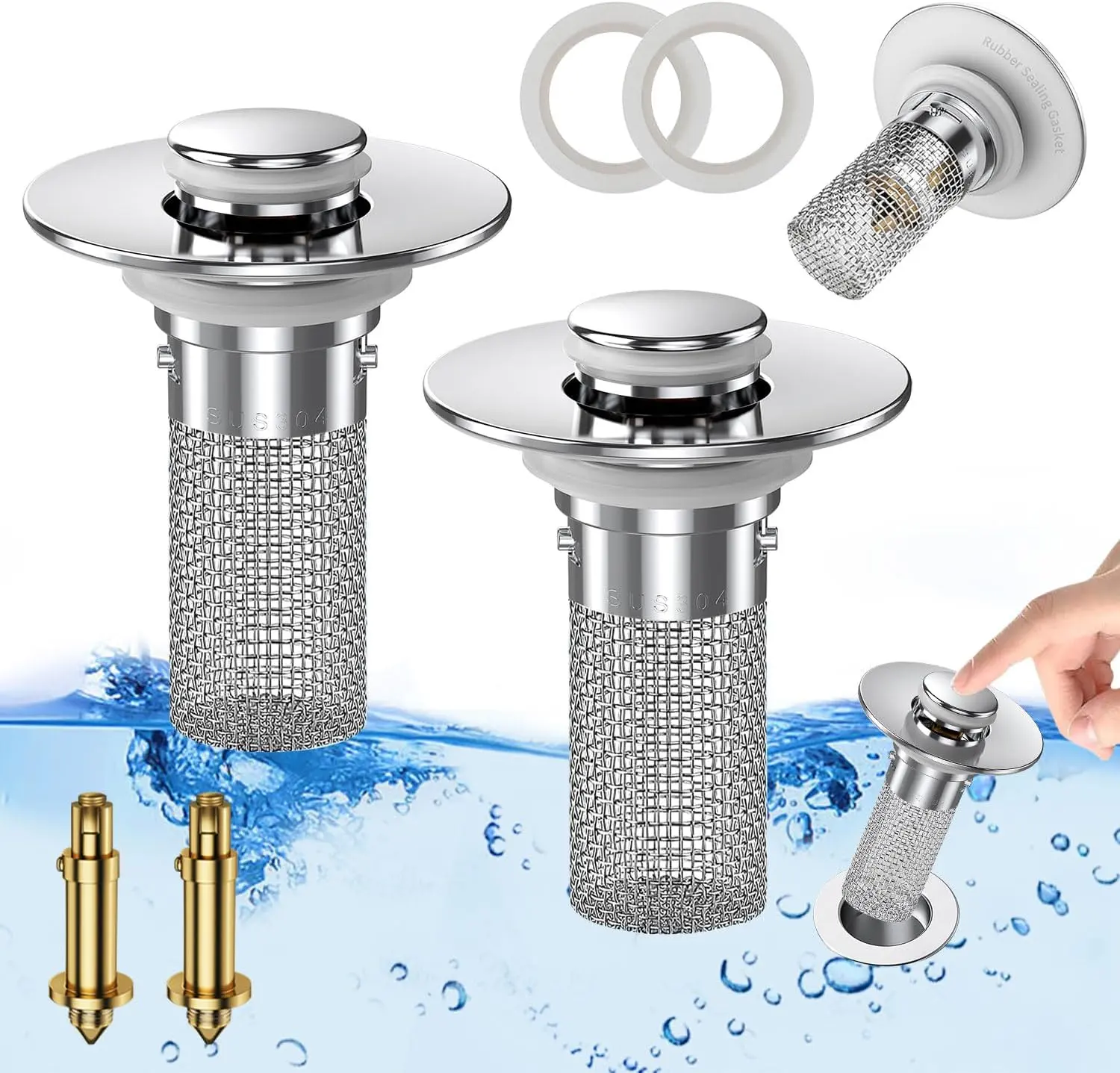 1/2 Counts Pop-Up BathroomSink Drain Strainer with Removable StainlessSteel Filter Basket, Stopper Hair Catcher，Universal Sink Stopper forBathroom & Kitchen,Bathroom Sink StopperHair Catcher,Anti-Clog, Easy Install