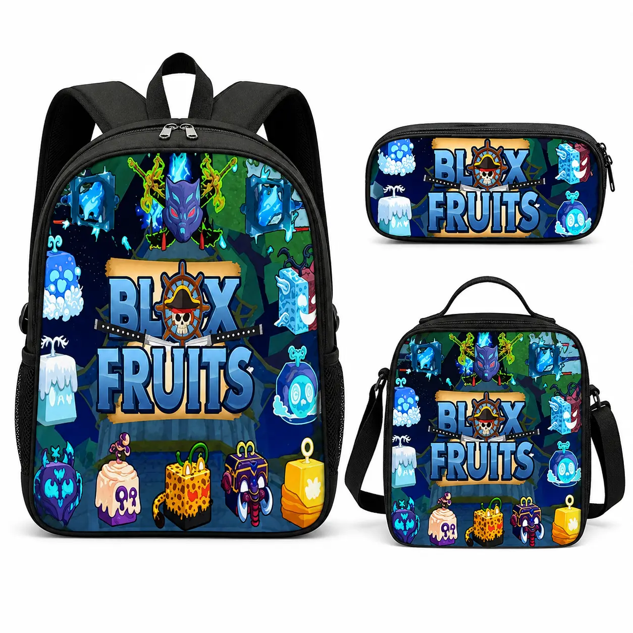Anime Pirate Gamer Universe School Bag 3-in-1 Combo - Student Backpack Insulated Lunch Box Pencil Pouch - Gift for Boys & Girls
