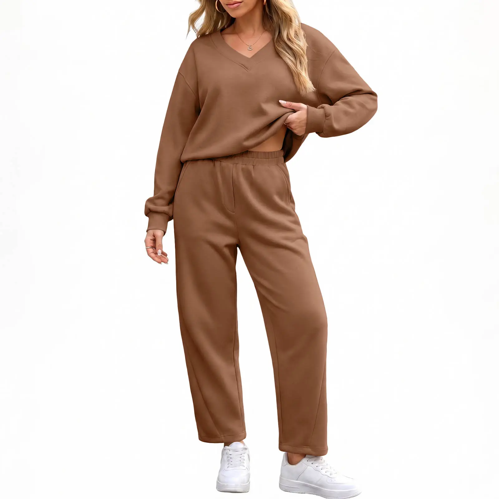 Aleumdr Womens 2PCS Sweatsuit Outfit V Neck Stitched Sweat Set Sweatshirt with Elastic Pants Jogger Tracksuits