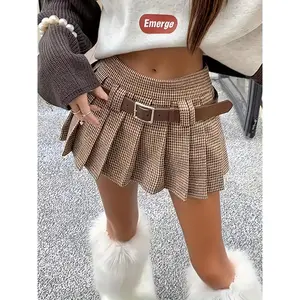 Women's Pleated Dog Ear A-Line Skirt in Brown with High Waist and Belt, Perfect for Autumn and Winter