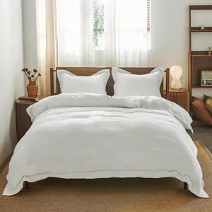 Simple&Opulence 100% Washed Linen Duvet Cover Set with Embroidered, Soft Farmhouse Comforter Set with Button Closure