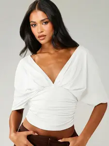 Women's White V-Neck Batwing Sleeve Pleated Short Top Shirts, Hot Girl Style Casual Waist-Tight Slim Fit Crop Top, Perfect for Dating and Shopping Outfits