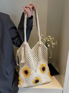 Handmade Crochet Sunflower Pattern Large Capacity Tote Bag, Elegant Farmhouse Style, Korean Wind, Japanese Countryside Style