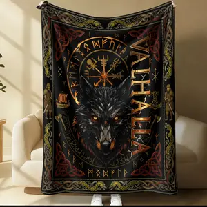 Viking Valhalla Wolf Throw Blanket, Norse Mythology Rune Vegvisir Lightweight Soft Flannel Nap Blanket, Celtic Knot Small Lap Blanket for Viking Enthusiasts, Adults & Teens, Perfect for Couch & Office (Multiple Sizes Available)