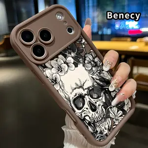 Phone Case for iPhone 17 Pro Max 16 Plus 15 14 13 12 11 Air E Skull and Blooms Shockproof Silicone TPU Bumper Drop Protection Soft Cover