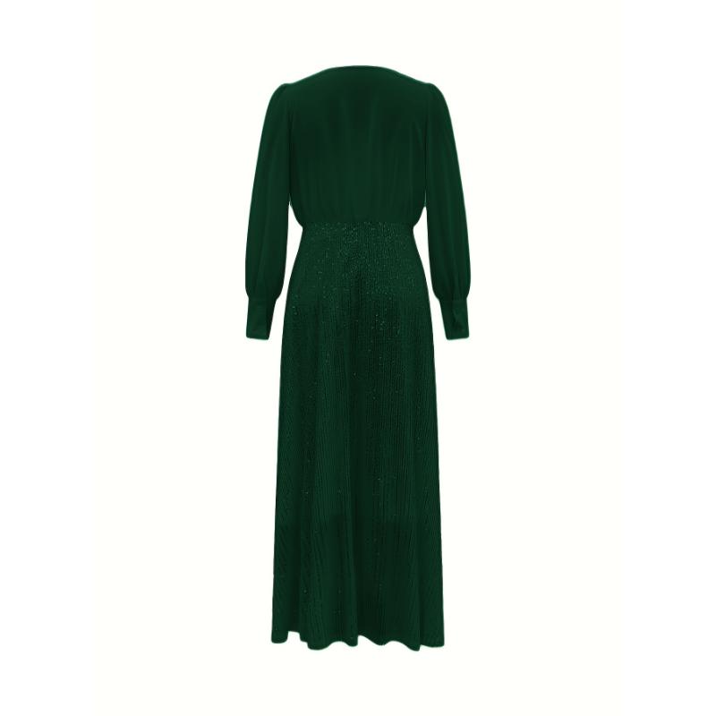 [Glamorous Emerald Dress] Elegant Emerald Green Sequined V-Neck Maxi Dress - A-Line Evening Gown for Women, Polyester Spandex Blend, Long Sleeve, Perfect for Spring & Fall, Glamorous Parisian Style, Fall Clothing | Aline Silhouette