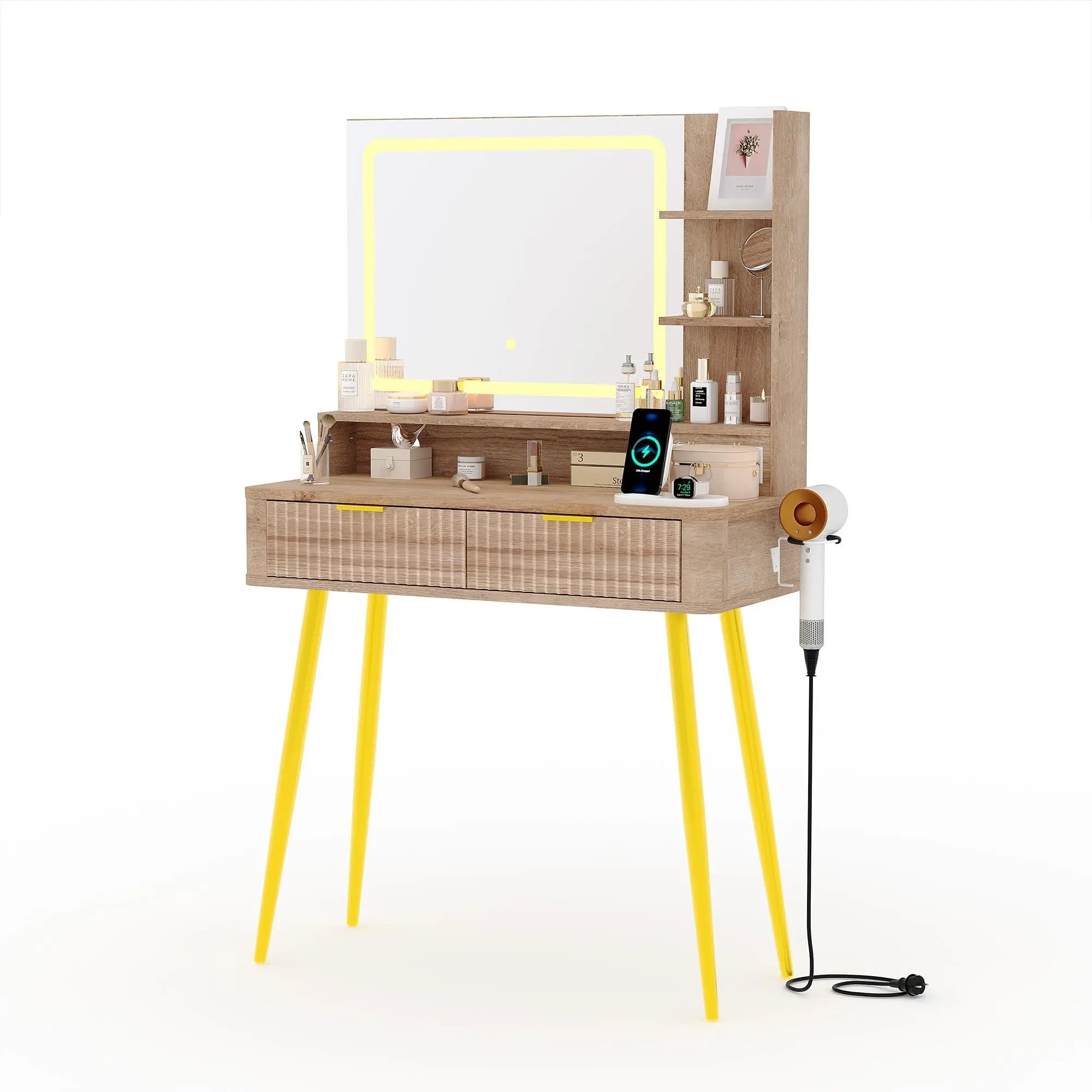 31-in Contemporary Dressing Table with Adjustable LED Smart Mirror, 3-Color Lights, Fluted Design, Storage Cabinet, Drawers, Outlet & Hair Dryer Holder – Bedroom Indoor Furniture Set