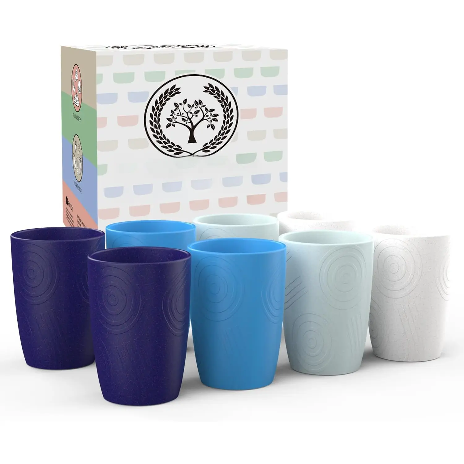 Cups for Kitchen - Wheat Straw Cups 12 OZ | Plastic Cups Reusable | Stackable Water Tumblers with Etched Pattern | Drinking Cups Set of 8 Dishwasher Safe Water Glasses(Island Series)