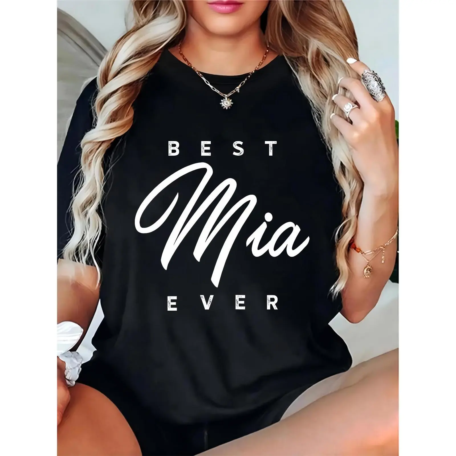 Women's Black "Best Mia Ever" Personalized Text Print T-Shirt, Casual Daily Wear & Gift Idea, Skirts, Day