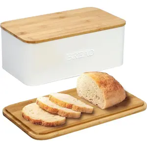OUTSHINE White Bread Box for Kitchen Countertop Small Storage Container with Bamboo Lid Modern Kitchen Organizer for Sourdough Buns and Loaves Bread Storage with Cutting Board Lid