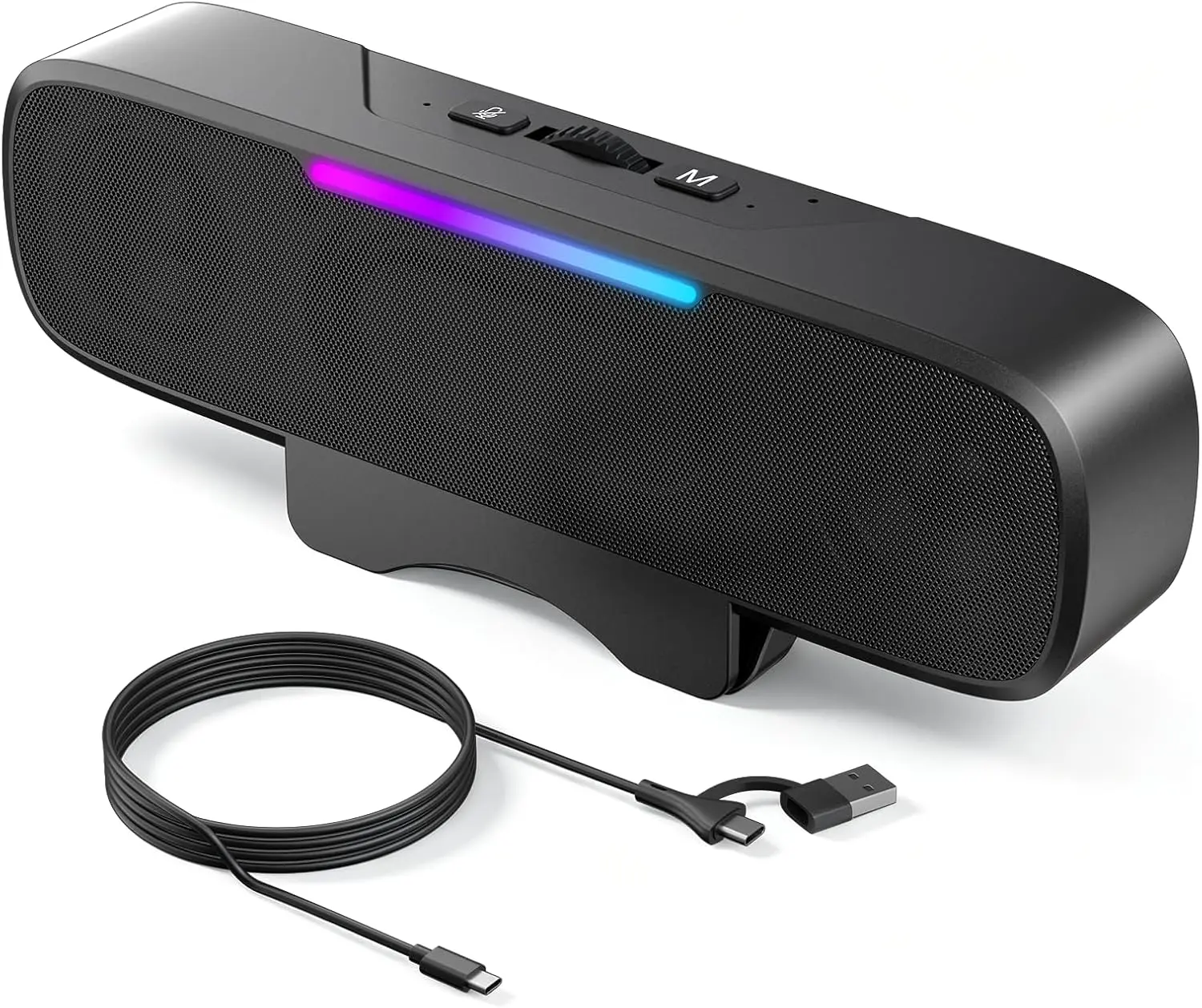 OHAYO Computer Speakers for Desktop PC Monitor, USB Plug-in Laptop Speaker with G-Sensor, BT 5.3, Loud Sound Bar with RGB Light, Deep Bass, Easy Clip-on Design, Volume Knob, USB-C Adapter (Black)