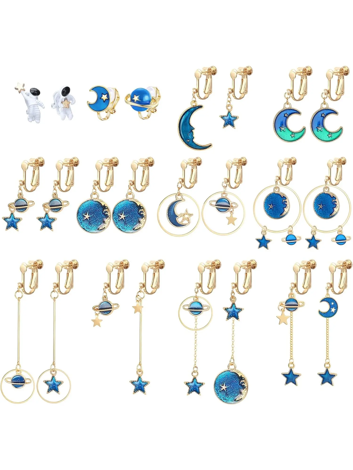 12 Pairs Golden Blue Clip on Earrings Set, Earrings Stack for Women Men Aesthetic Blue Star Moon Planet Saturn Designs Premium Alloy Into Stylish Non Pierced Dangling Earrings Assorted Ear Clip Collection Celestial Motifs of Star Moon Saturn Planet Shapes