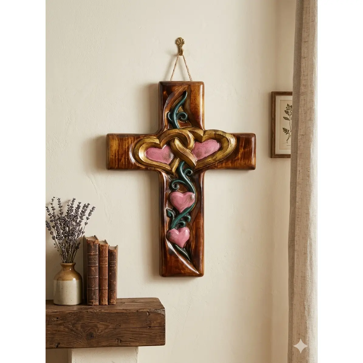 Wooden CNC Carved Cross with Hearts, Vine - Hand Painted Religious Room Decor Wall Cross, 13" x 10" Religious Gift