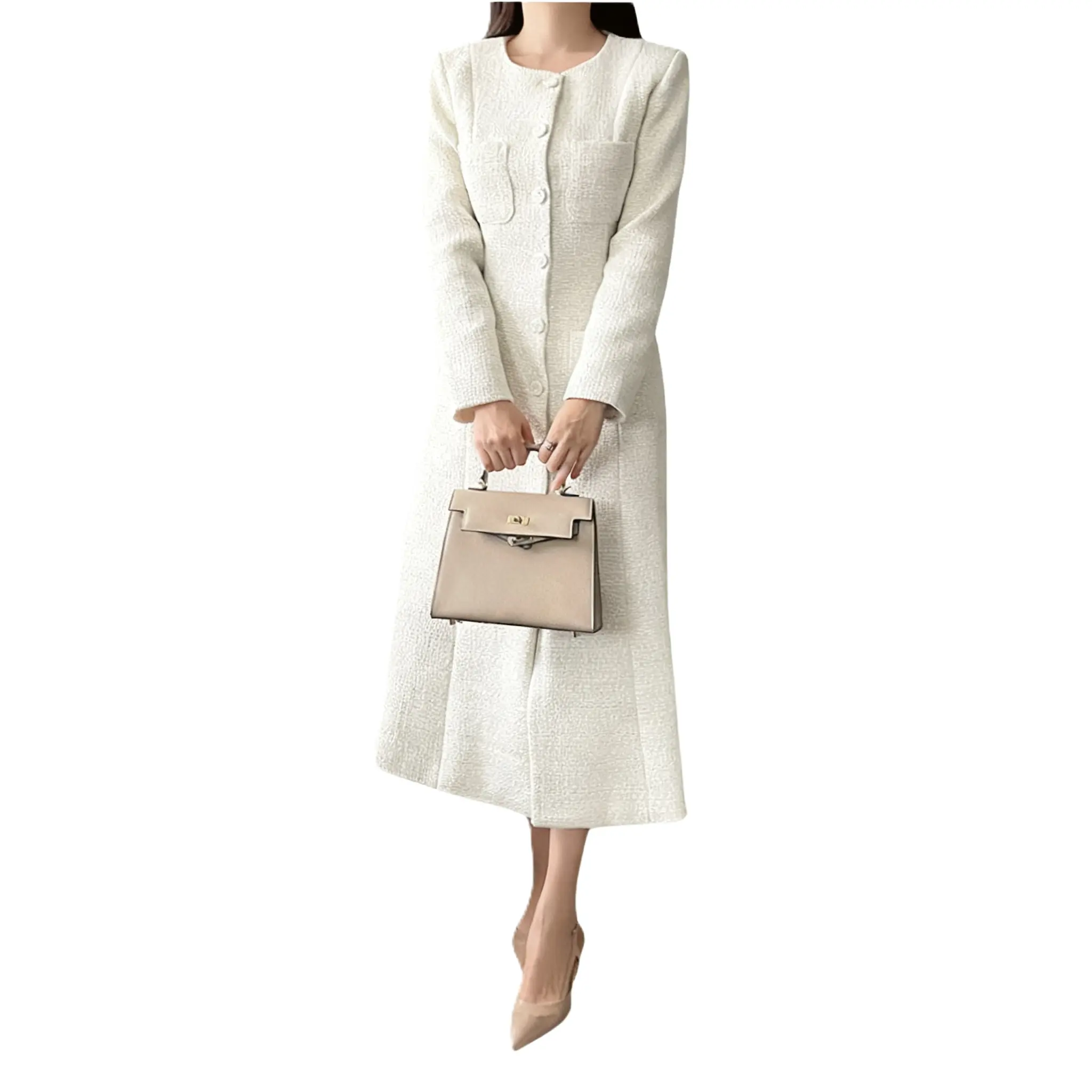 Ebossy Women Tweed Dress Long Sleeve Single Breast Elegant Lady Long Tweed Blazer Dress