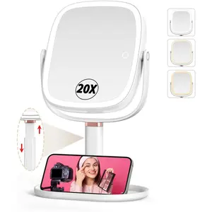Makeup Mirror with Lights, 1X/20X Magnifying Mirror with Light, Vanity Mirror with 3 Colors Lights, Height Adjustable Lighted Makeup Mirror, Double Sided 360°Rotation, Memory Function (White)