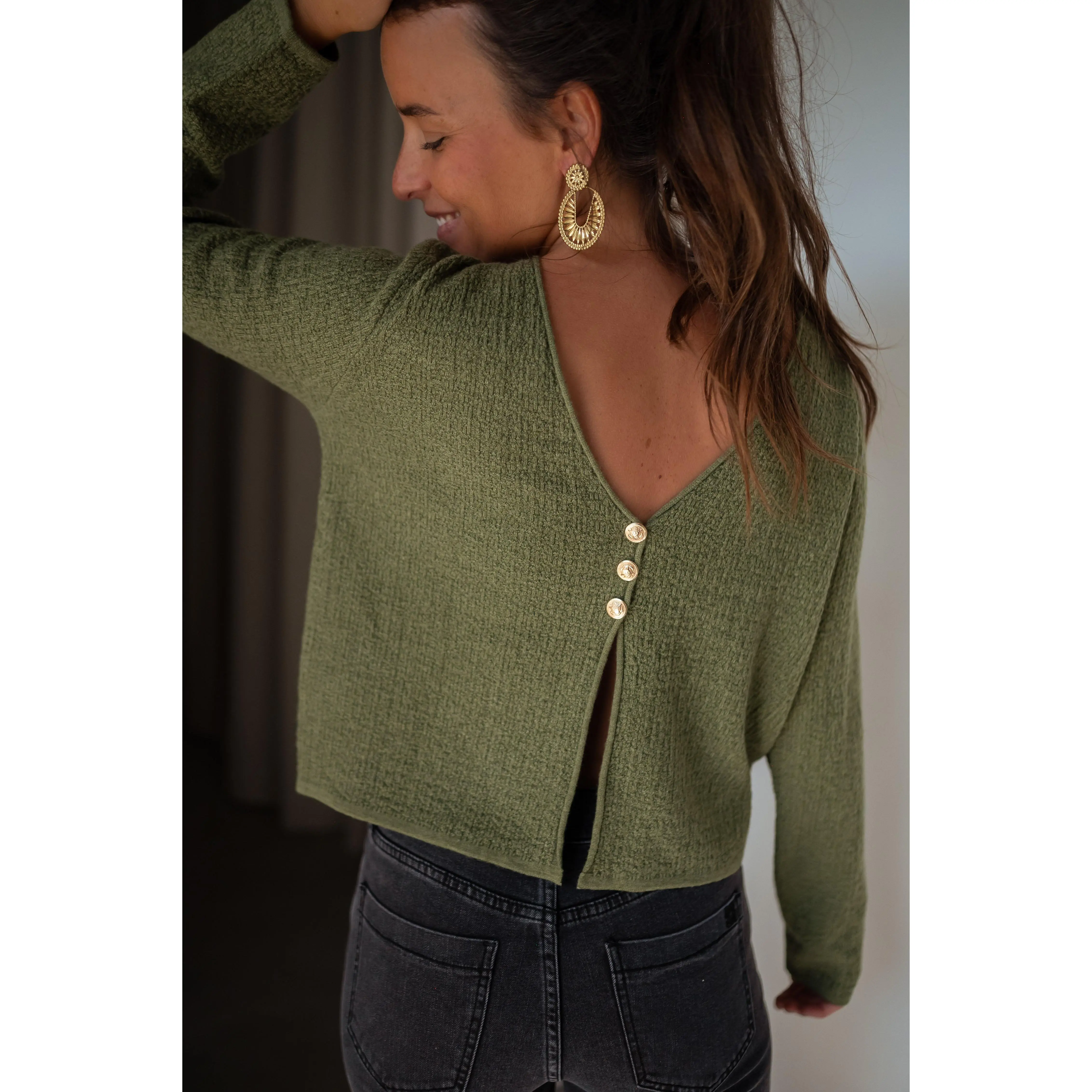 EASY CLOTHES Khaki Alma Knitwear Sweater, Women's Golden Polyester Top with Sleeve, Casual Womenswear Sweatshirt