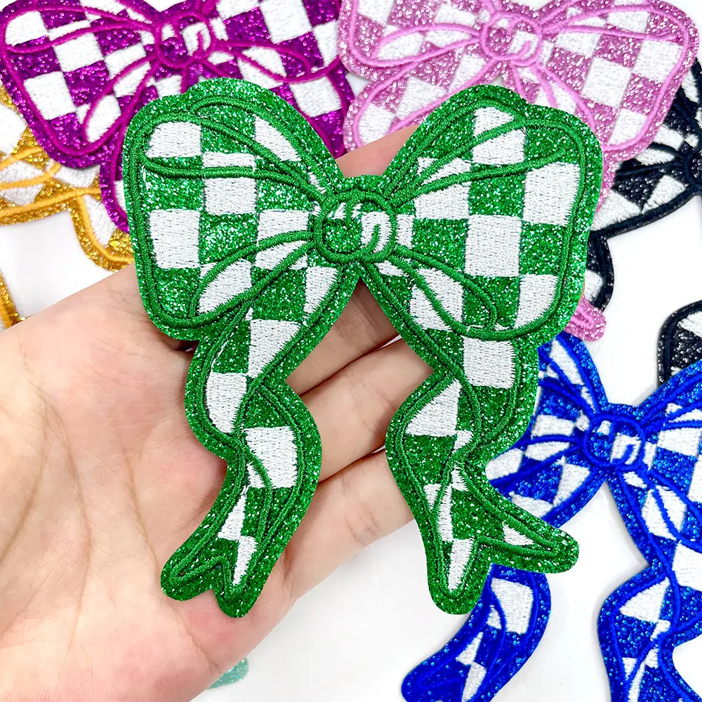 CY 8pcs Glitter Checkerboard Bow Iron On Patches Embroidered Applique for Trucker Hats Clothes Sweatshirt Jackets Bags DIY Decoration,Green