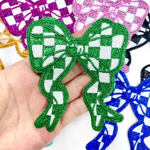 CY 8pcs Glitter Checkerboard Bow Iron On Patches Embroidered Applique for Trucker Hats Clothes Sweatshirt Jackets Bags DIY Decoration,Green